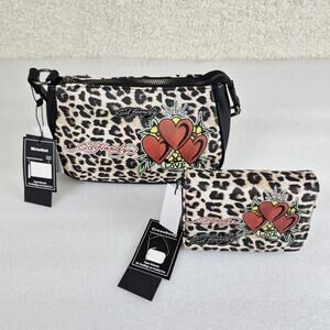 Ed Hardy Leopard Heart Love Wristlet + Mini Crossbody Set Leather NWT